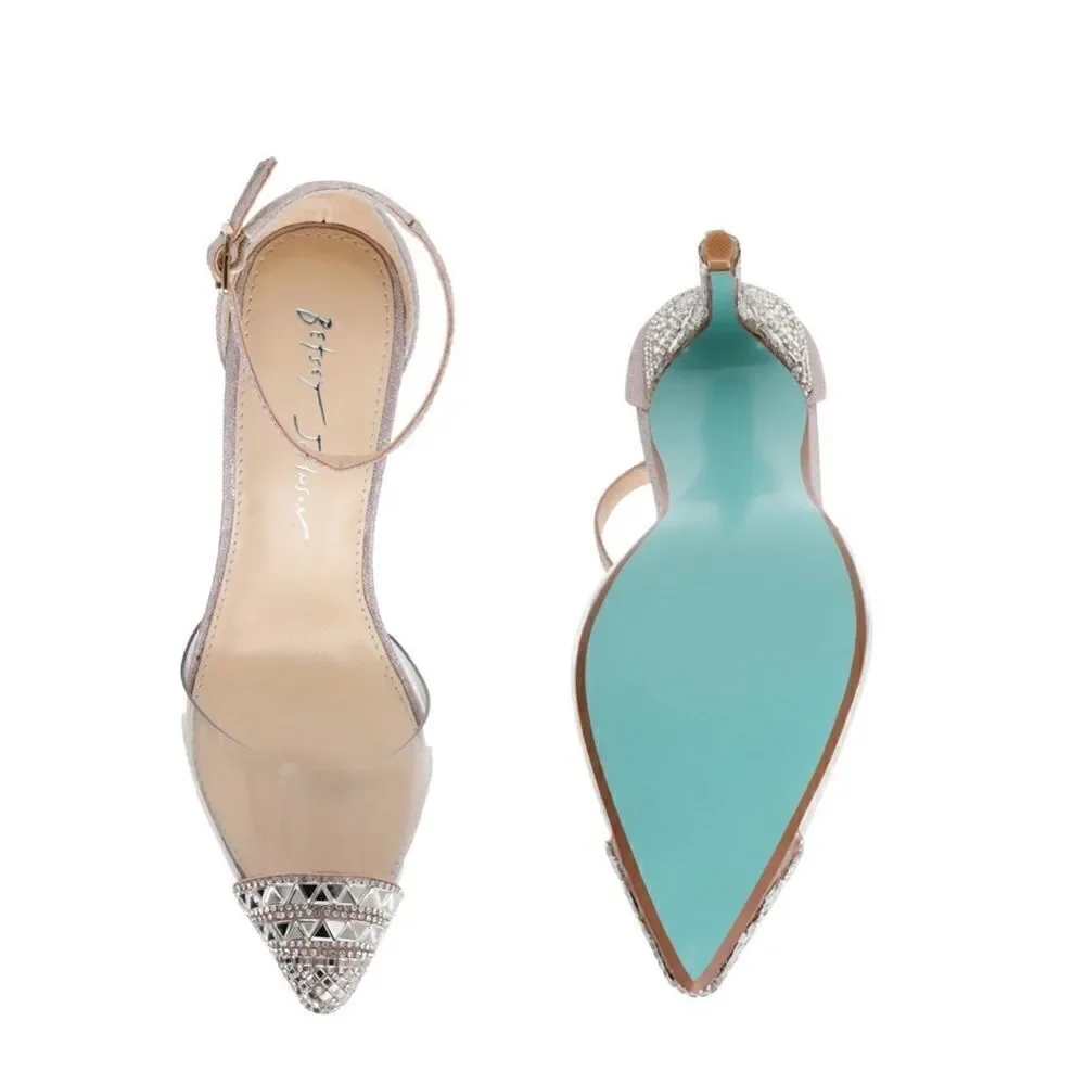 𝅺blue by Betsey Johnson Ginger Clear Metallic Rhinestone Ankle Strap Pumps